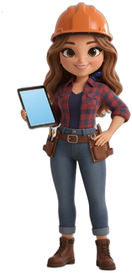 Léa, l'assistante des artisans, casque de chantier et tablette en main